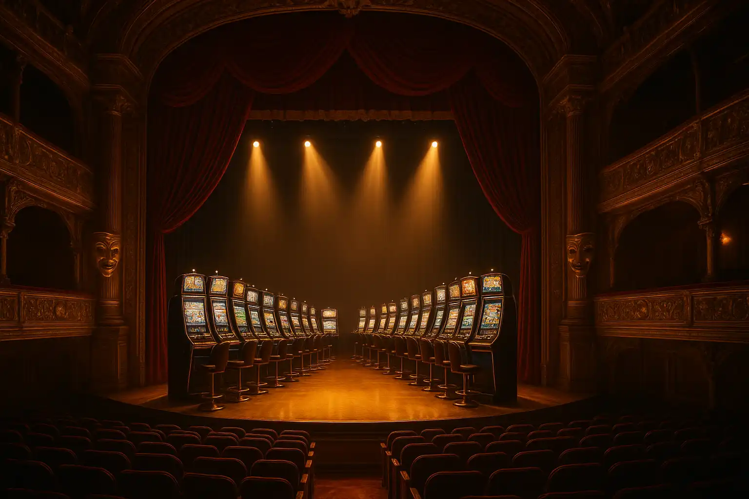 Grand theatre casino stage with red curtains and golden masks