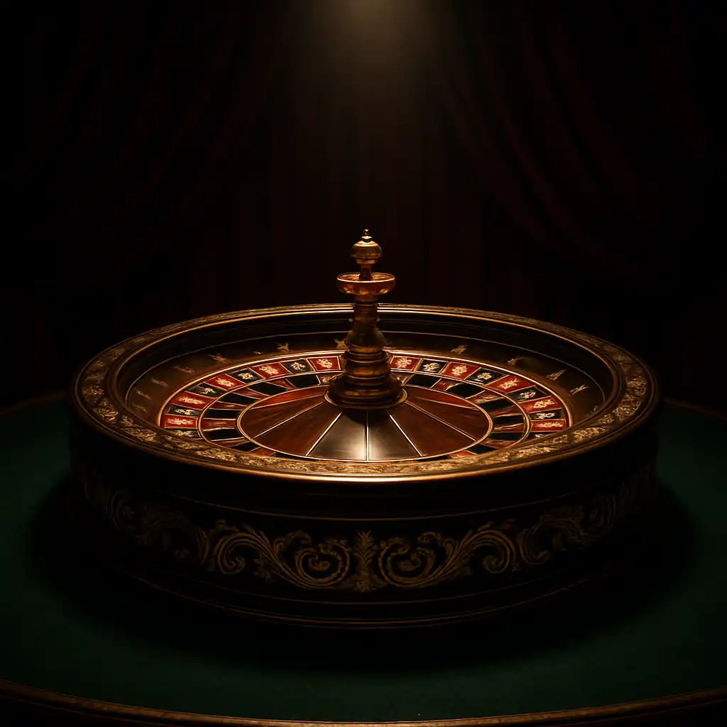 Ornate golden roulette wheel on a red velvet casino table