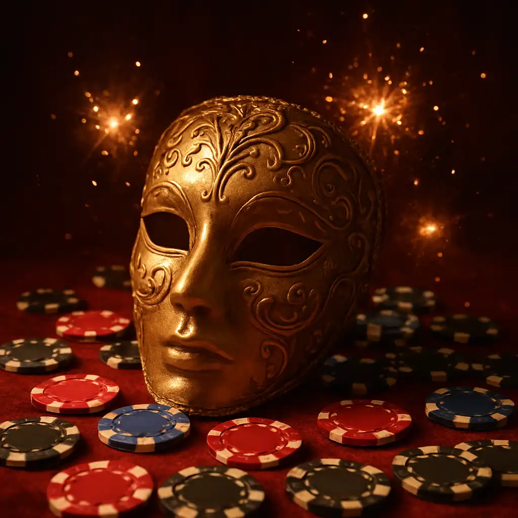 Golden theatrical mask surrounded by casino chips symbolising a bonus