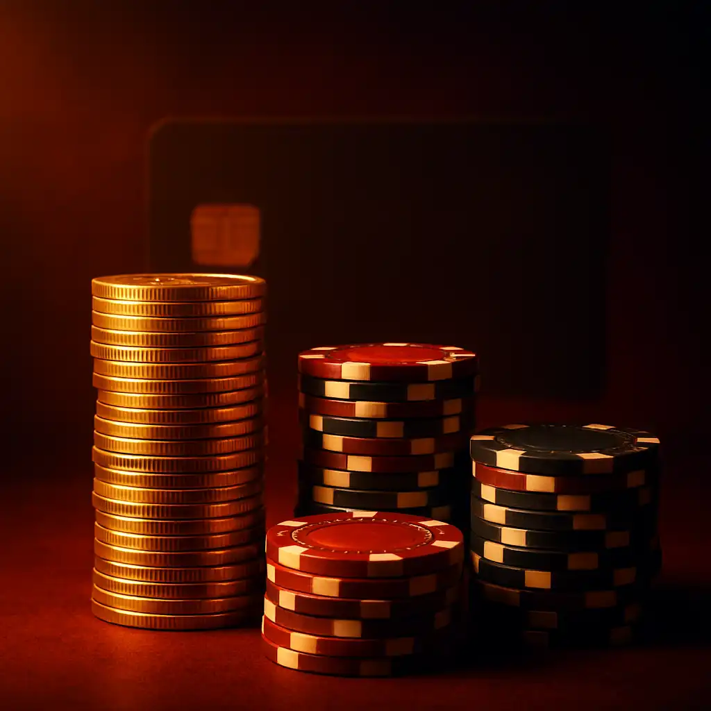Golden coins and cards representing a casino deposit