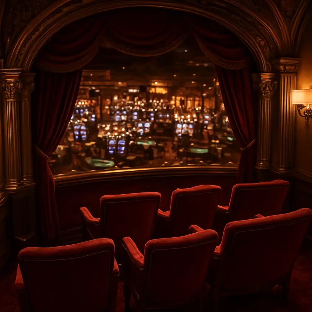 Golden VIP theatre box with red velvet seats overlooking a casino floor